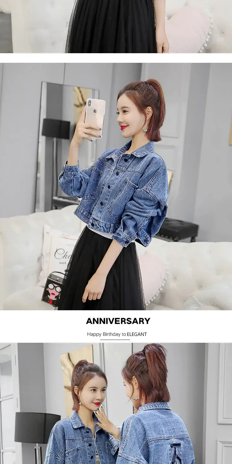 Spring Autumn Denim Jacket for Women Crop Plain Small Short Y2k Clothes Chic and Elegant Cowboy Coat Woman in Promotion New
