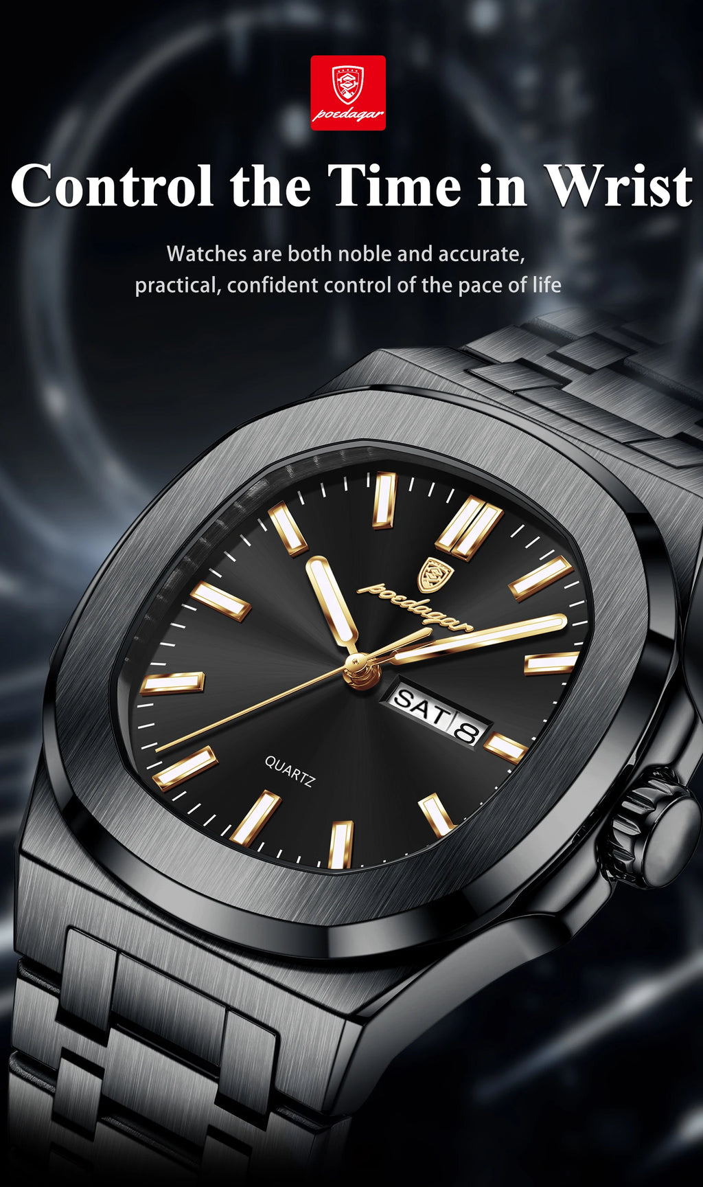 POEDAGAR Top Trendy Men's Watches Waterproof Luminous Date Week Luxury Men Watch Stainless Steel Quartz Business Man Clock Reloj