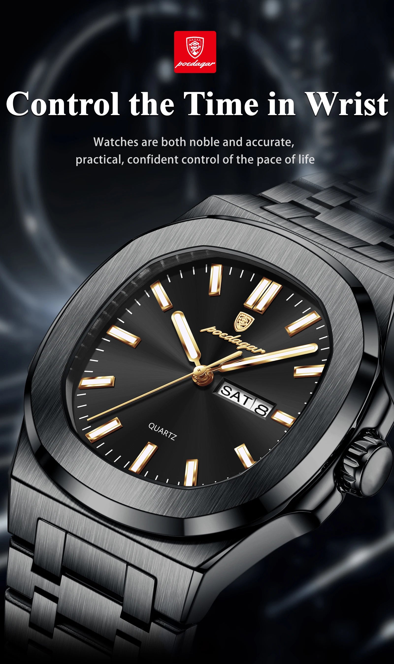 POEDAGAR Top Trendy Men's Watches Waterproof Luminous Date Week Luxury Men Watch Stainless Steel Quartz Business Man Clock Reloj