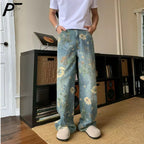 2026 New Vintage Floral Print Wide Leg Denim Pants Y2K High Waisted Distressed Washed Jeans Streetwear Loose Casual Trousers