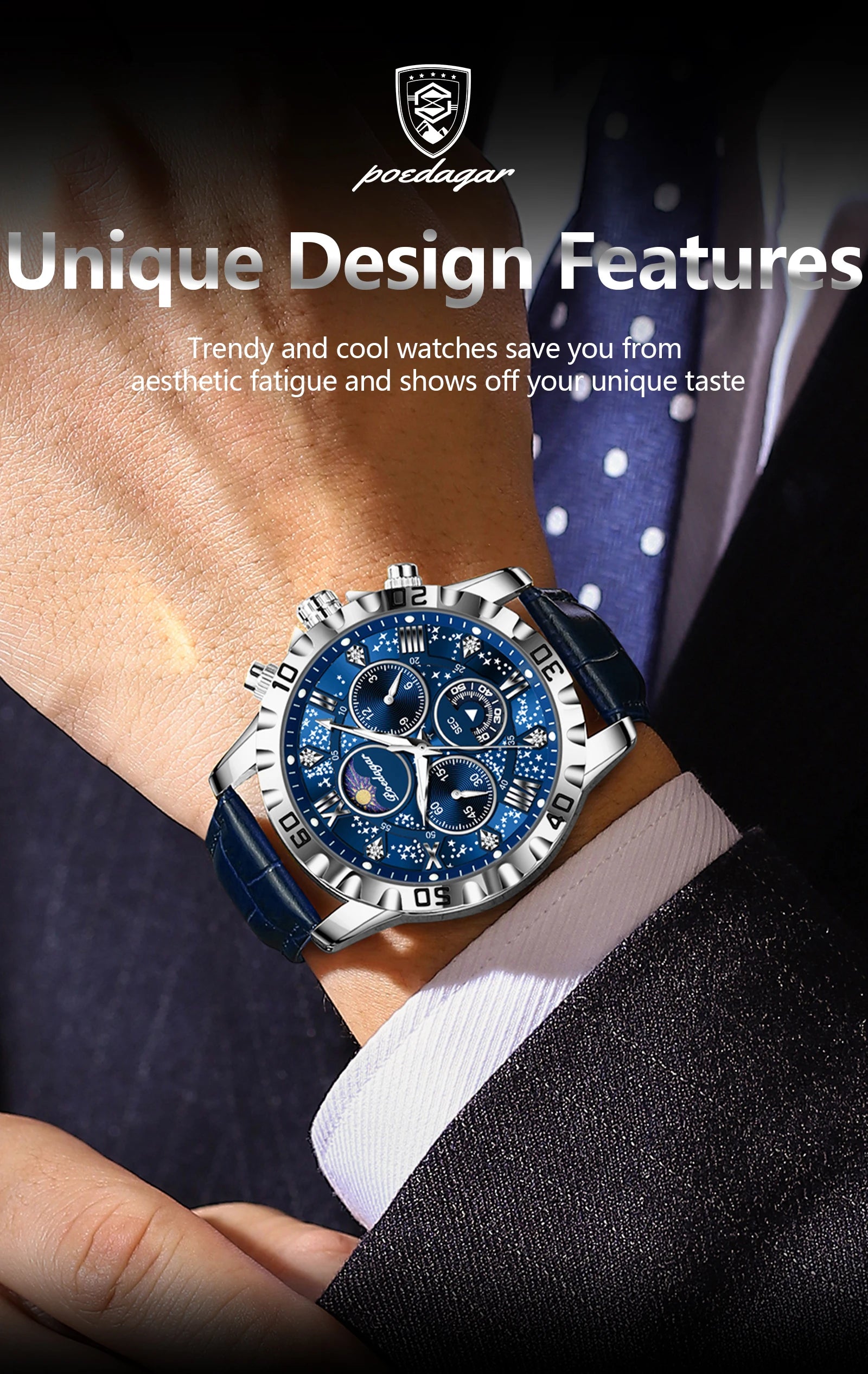 POEDAGAR Top Functional Luxury Man Wristwatch Waterproof Luminous Chronograph Leather Sports Watches For Men Quartz Men's Watch