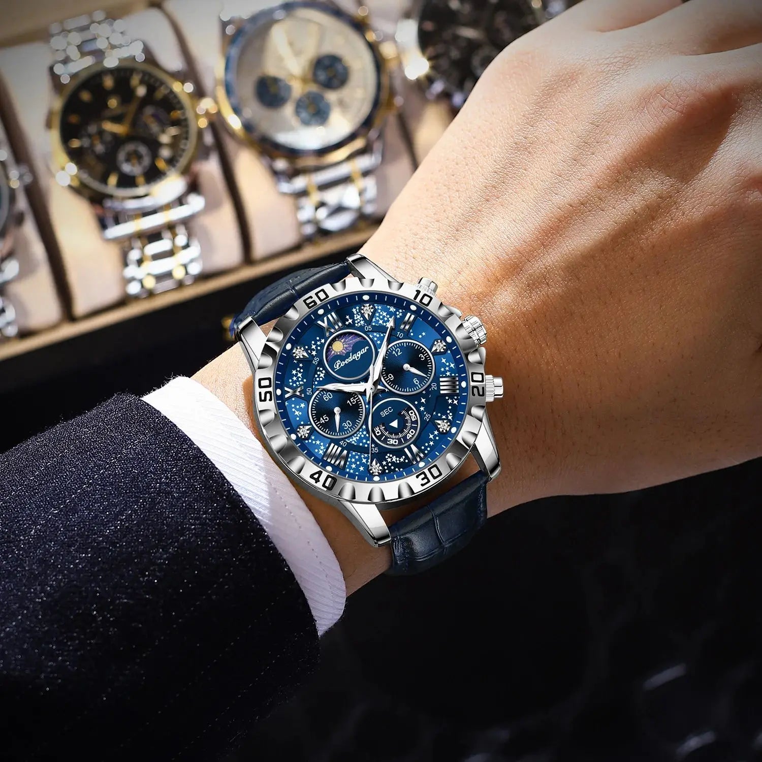 POEDAGAR Top Functional Luxury Man Wristwatch Waterproof Luminous Chronograph Leather Sports Watches For Men Quartz Men's Watch