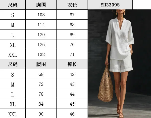 Women Casual Suits Fashion Two Pieces Sets Spring Summer Cotton Linen Loose Long Sleeve Drawstring Blouse Ruffles Shorts Set