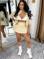 FAGADOER Casual Color Block 2 Piece Sets Woman Outfit Drawstring Ruched Patchwork Crop Top and Skirt Matching Female Streetwear