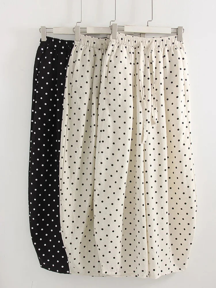 Black Polka Dot Linen Pants Women Wide Leg Summer Trousers Baggy For Ladies White Oversize Cotton Linen Pants Woman Wide