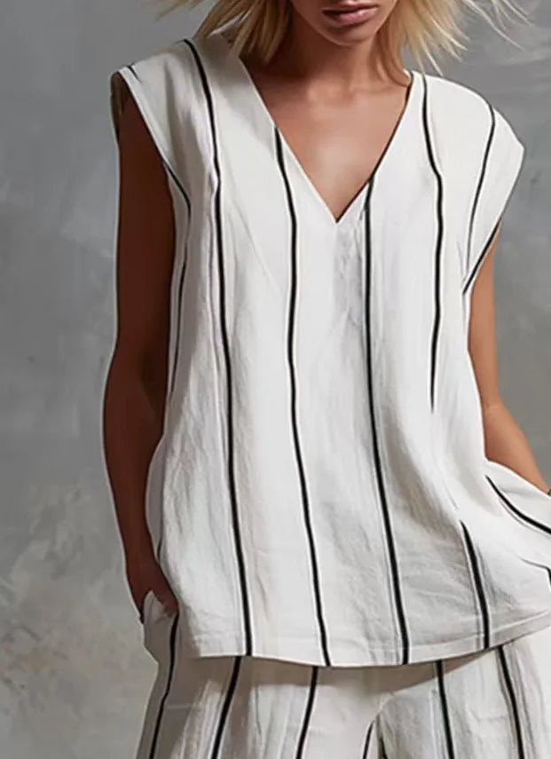 Black White Vertical Striped Loose Top+Wide Leg Pants Two-piece Summer Women's Loose Cotton Linen Trousers Set Костюм Женский