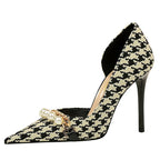 BIGTREE Shoes 2026 Spring Women Pumps Pearl Metal Chain High-heels Checked Grain Stilettos Women Heels Luxury Banquet Shoes 43