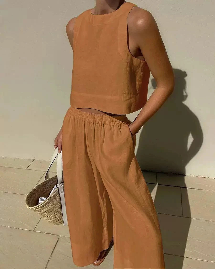 Cotton And Linen Pant Sets Women Sleeveless Leace-up Short Tops Drawstring Long Pants Two Piece Set Commuting 2023 Summer New