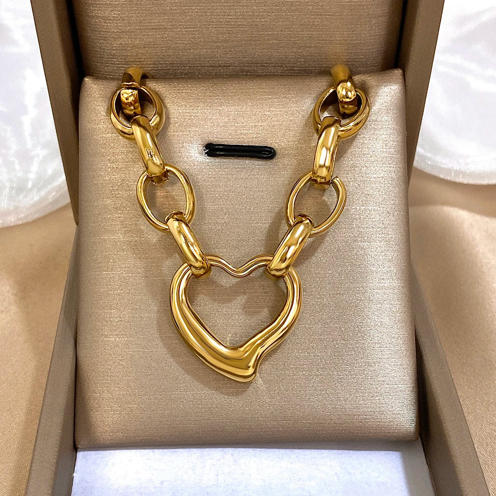 Golden Stainless Steel Irregular Hollow Heart Pendant Necklace
