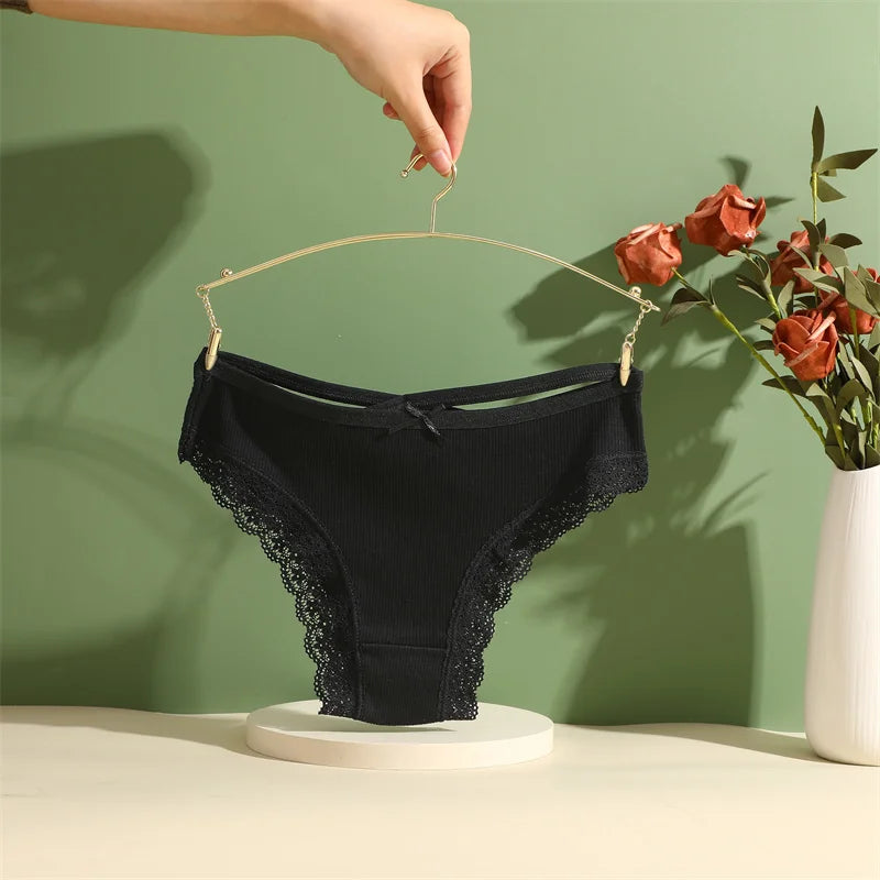 3PCS/Set Women’s Cotton Lace Bikini Panties – Low-Rise Breathable Soft Stretch Underwear (95% Cotton Comfort Fit) Sexy Low Rise Lace Brazilian Panties Hollow Out Soft Breathable Lingerie Female Bow Underwear S-XL