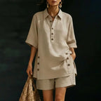 Fresh Color Women Blouse Cotton Linen Set Button Short Sleeve Shirt And Wide Leg Shorts 2 Piece Outfit Summer Women Outfit