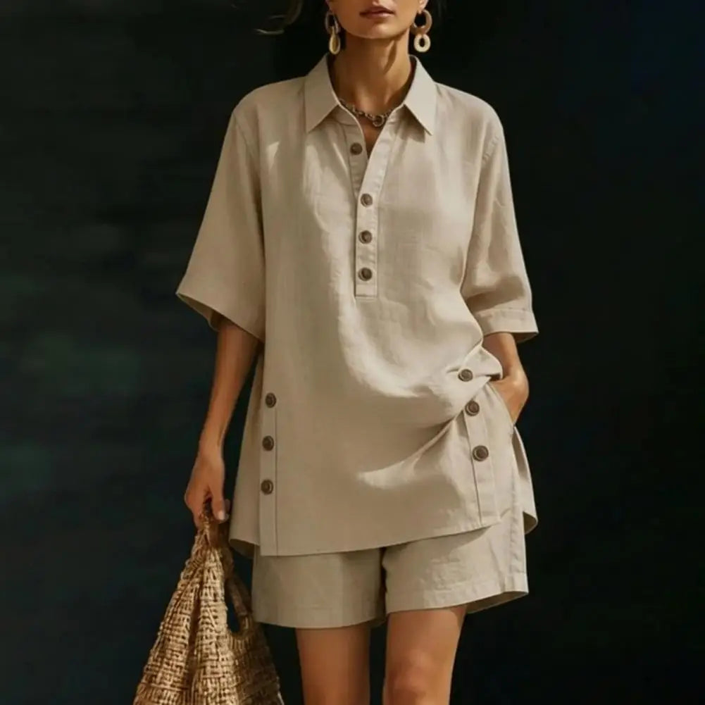 Fresh Color Women Blouse Cotton Linen Set Button Short Sleeve Shirt And Wide Leg Shorts 2 Piece Outfit Summer Women Outfit