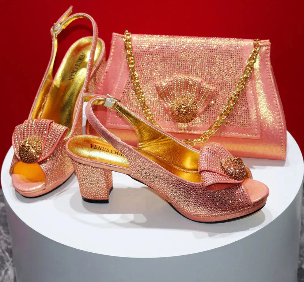 New Square Heels Peep Toe Shoes Matching Bag Set GTR45