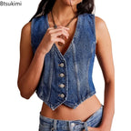 New 2026 Women's Denim Vests Summer Sexy Slim Deep V Neck Sleeveless Vest Jacket Casual Fashion Streetwear Ladies Jean Crop Tops