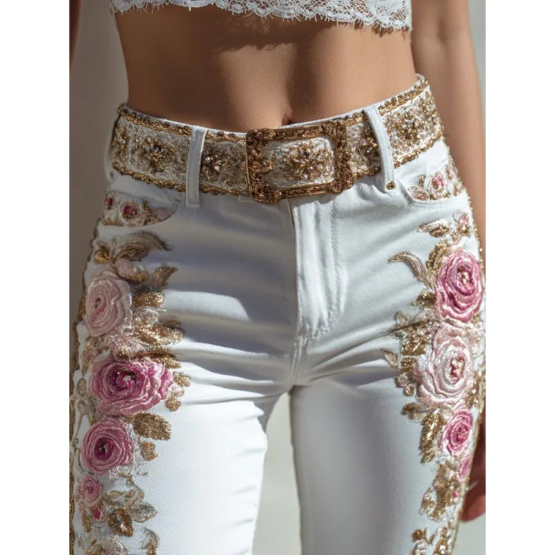 Womens European American Style Floral Print Jeans Straight Leg Casual Denim Pants