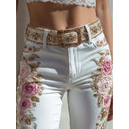 Womens European American Style Floral Print Jeans Straight Leg Casual Denim Pants