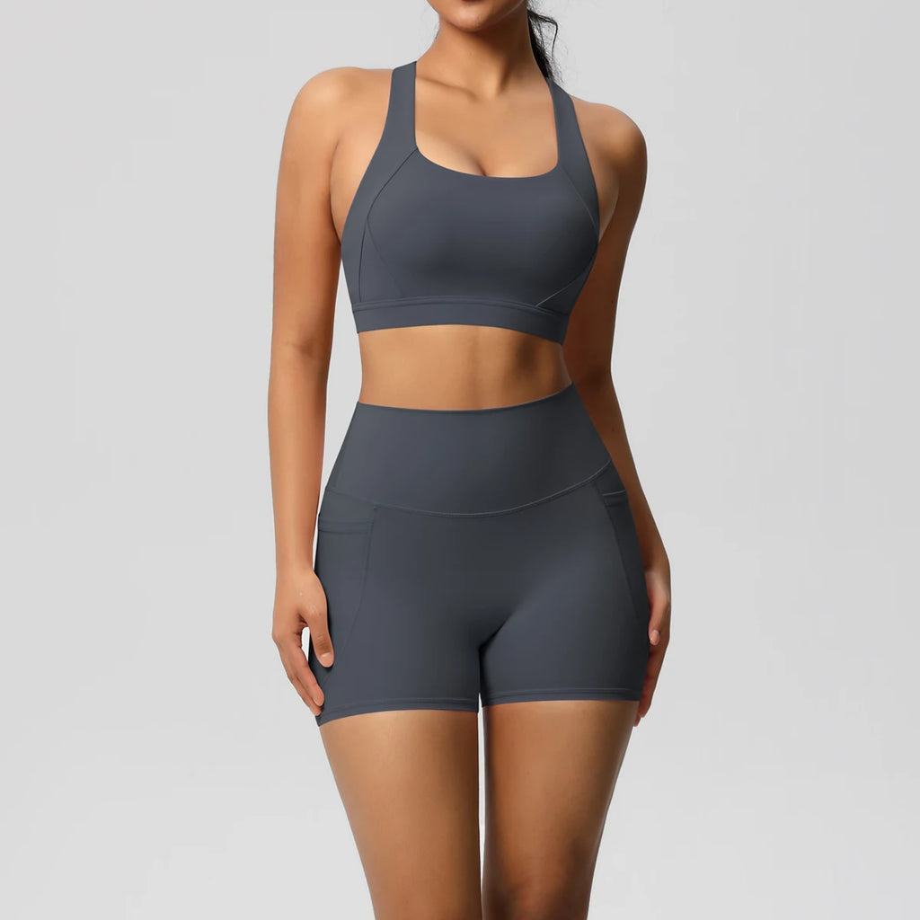 2PCS Sportswear With Pocketed Yoga Set Gym Clothes Yoga Suits For Women Tracksuits Sports Shorts Crossover Bra Gym Leggings