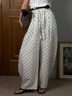 Black Polka Dot Linen Pants Women Wide Leg Summer Trousers Baggy For Ladies White Oversize Cotton Linen Pants Woman Wide