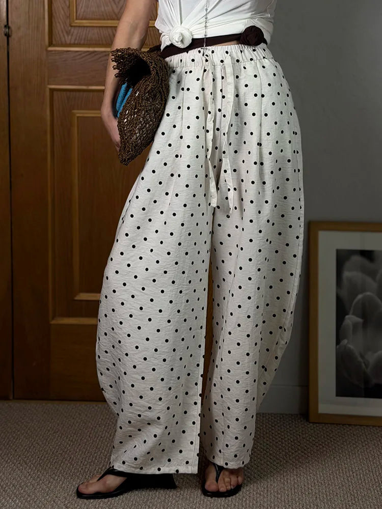 Black Polka Dot Linen Pants Women Wide Leg Summer Trousers Baggy For Ladies White Oversize Cotton Linen Pants Woman Wide
