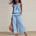 Summer Cotton Linen Solid Color Sleeveless Vest Top Women Pants Suit Casual Pocket Elegant Female Office Retro 2 Piece Set