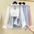 Smvp Chiffon Blouses for Women Summer Thin Loose Button-Up Sunscreen Shirt Woman Korean Fashion Bow Lace-up Long Sleeve Shirts