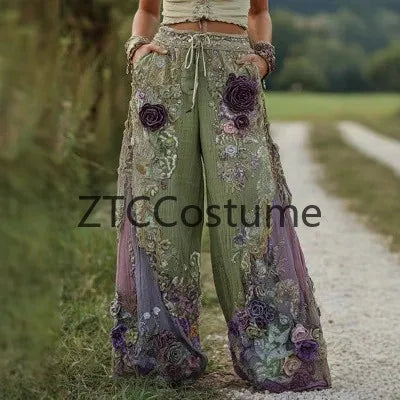 Cosplay Floral Printed Trousers Elegant Women Pants 3D Pattern Straight Leg Casual Party Long Pants