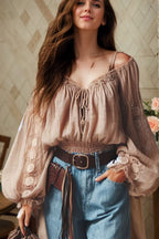 Women's Boho Shirt Off Shoulder Lace Up Lantern Sleeve Vintage Sexy Sweet Cropped Blouse Top Hollow Out Casual Lace Blouse Tops