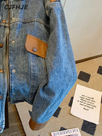 CJFHJE Blue Vintage Patchwork Denim Jacket Women Chicly Fashion Korean Loose Female Jackets Harajuku Zipper Casual Denim Coats