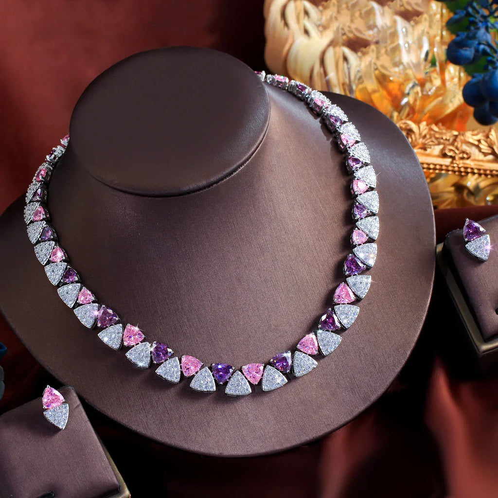 Pink Purple Triangle CZ Crystal Necklace Earring Set