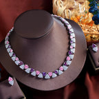 Pink Purple Triangle CZ Crystal Necklace Earring Set