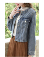 I BELIEVE YOU Short Denim Coat for Women 2024 Crew Neck Autumn New Casual Basic Straight Comfort Retro Female Jackets CWN245542A