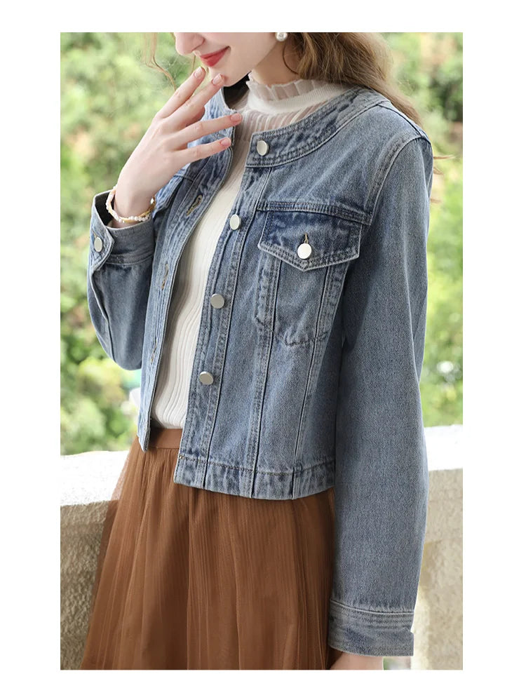 I BELIEVE YOU Short Denim Coat for Women 2024 Crew Neck Autumn New Casual Basic Straight Comfort Retro Female Jackets CWN245542A