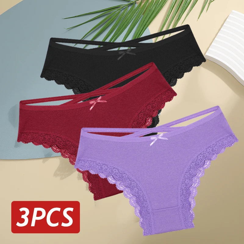 3PCS/Set Women’s Cotton Lace Bikini Panties – Low-Rise Breathable Soft Stretch Underwear (95% Cotton Comfort Fit) Sexy Low Rise Lace Brazilian Panties Hollow Out Soft Breathable Lingerie Female Bow Underwear S-XL