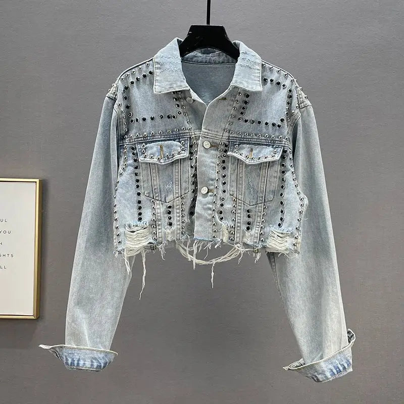 Women's Heavy Industry Riveted Diamond Denim Jacket Spring  Autumn New Slim Fashion Frayed Beaded Jacket Denim Female Tops 2026