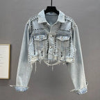 Women's Heavy Industry Riveted Diamond Denim Jacket Spring  Autumn New Slim Fashion Frayed Beaded Jacket Denim Female Tops 2026