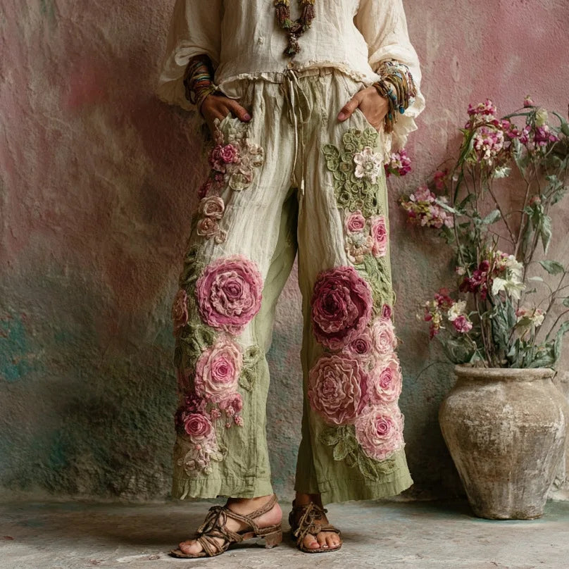 Cosplay Floral Printed Trousers Elegant Women Pants 3D Pattern Straight Leg Casual Party Long Pants
