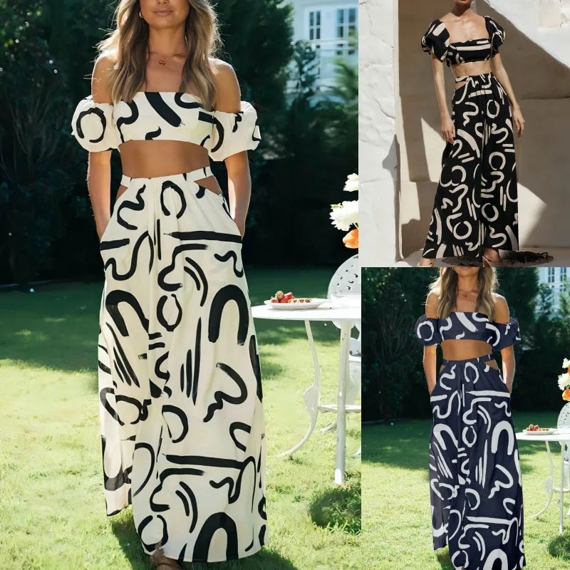 Two Piece Sets Fashion New Print Solid Color Puff Sleeve Zipper Breast Wrap Crop Top & Hollow Out Waist Big Hem Dress Suits Lady