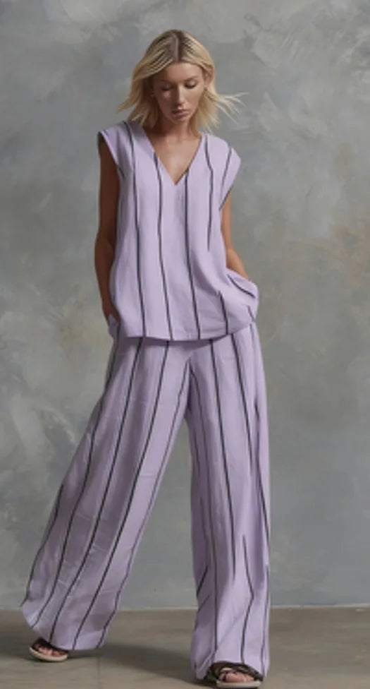 Black White Vertical Striped Loose Top+Wide Leg Pants Two-piece Summer Women's Loose Cotton Linen Trousers Set Костюм Женский