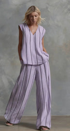 Black White Vertical Striped Loose Top+Wide Leg Pants Two-piece Summer Women's Loose Cotton Linen Trousers Set Костюм Женский