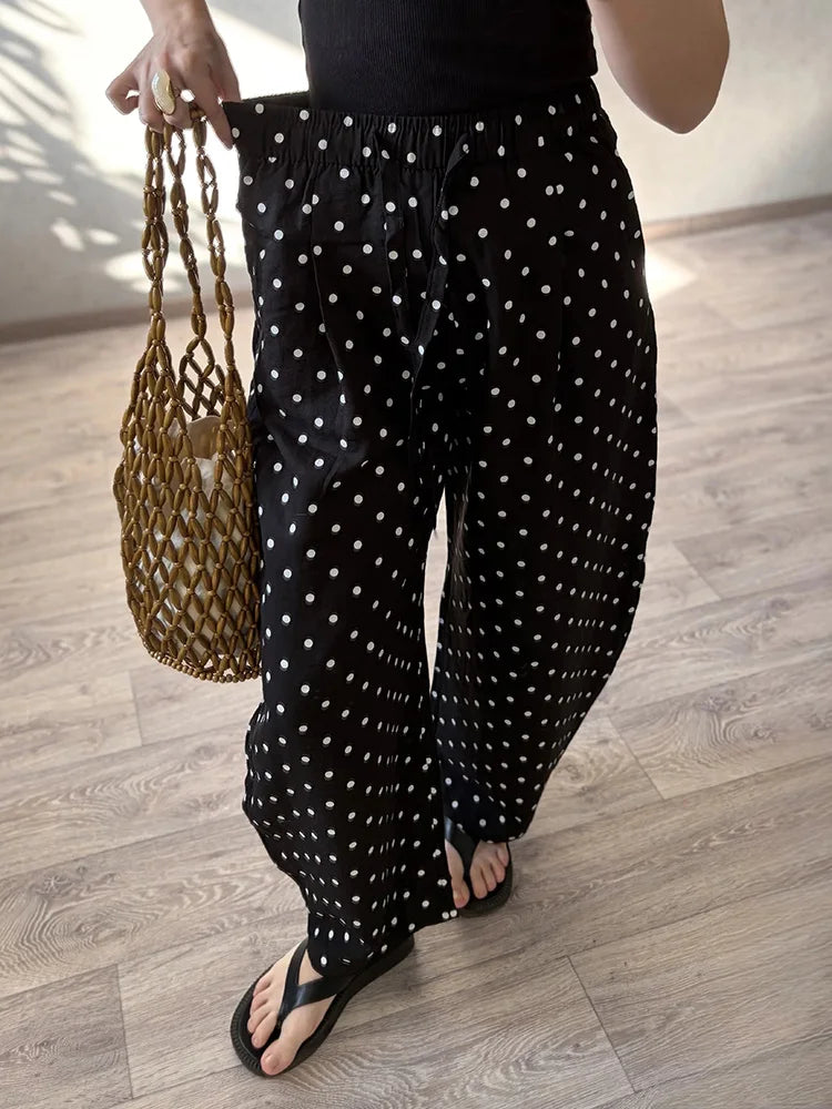Black Polka Dot Linen Pants Women Wide Leg Summer Trousers Baggy For Ladies White Oversize Cotton Linen Pants Woman Wide