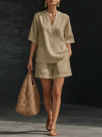 Women Casual Suits Fashion Two Pieces Sets Spring Summer Cotton Linen Loose Long Sleeve Drawstring Blouse Ruffles Shorts Set