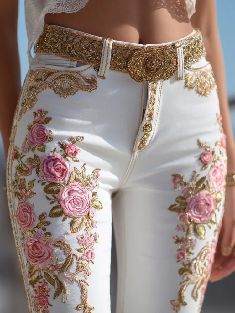 Womens European American Style Floral Print Jeans Straight Leg Casual Denim Pants