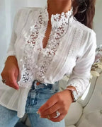 Fashion Woman Blouse 2024 Spring Floral Pattern Lace Patch Hollow-Out Long Sleeve Casual Stand Collar Plain Daily Top