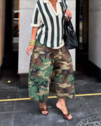 Women's Camouflage Wide Leg Pants Loose Casual High Waist Vintage Pockets Cropped Pants 2025 Fashion Harajuku Capris
