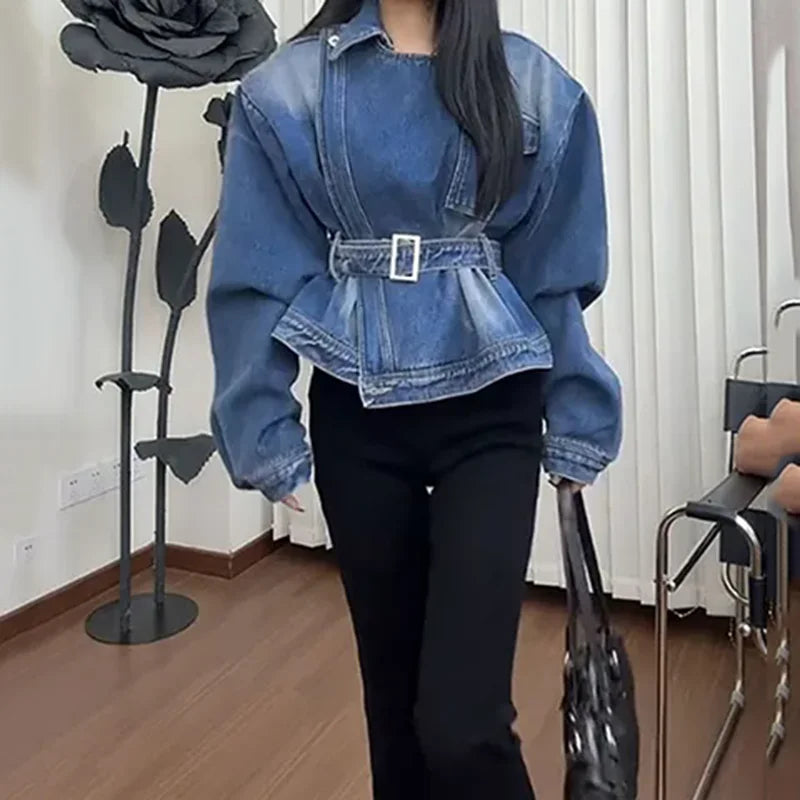 2026 Spring New American Style Washed Denim Jacket For Women Belted Waist Slim Fit Design Versatile And Trendy Casual Outerwear