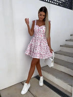 Summer Fashion Flower Print Waist Pleated Dress For Women Y2k Casual Vacation Beach Sundress Spaghetti Strap Mini Dress Female