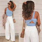 Women's casual pants with drawstring, mid waist, beach wide leg, spring and summer, European and American pants