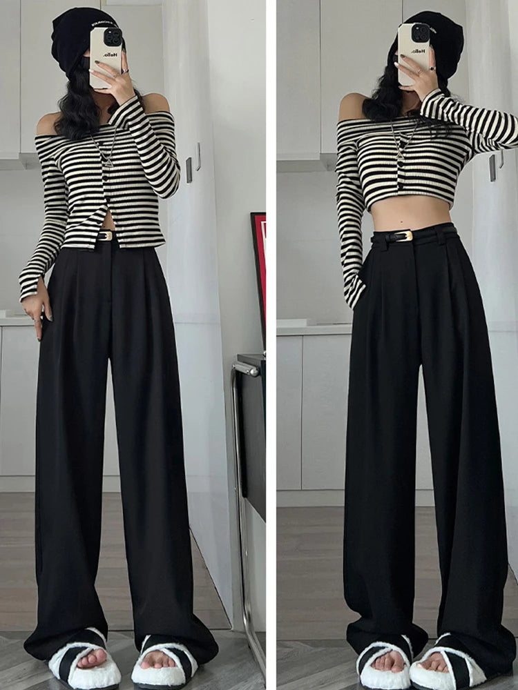 2025 Fall Winter Elegant Gray Suits Pants for Women Office Lady High Waist Wide Leg Fashion Trousers with Pockets Black Pants