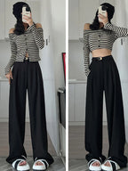 2025 Fall Winter Elegant Gray Suits Pants for Women Office Lady High Waist Wide Leg Fashion Trousers with Pockets Black Pants