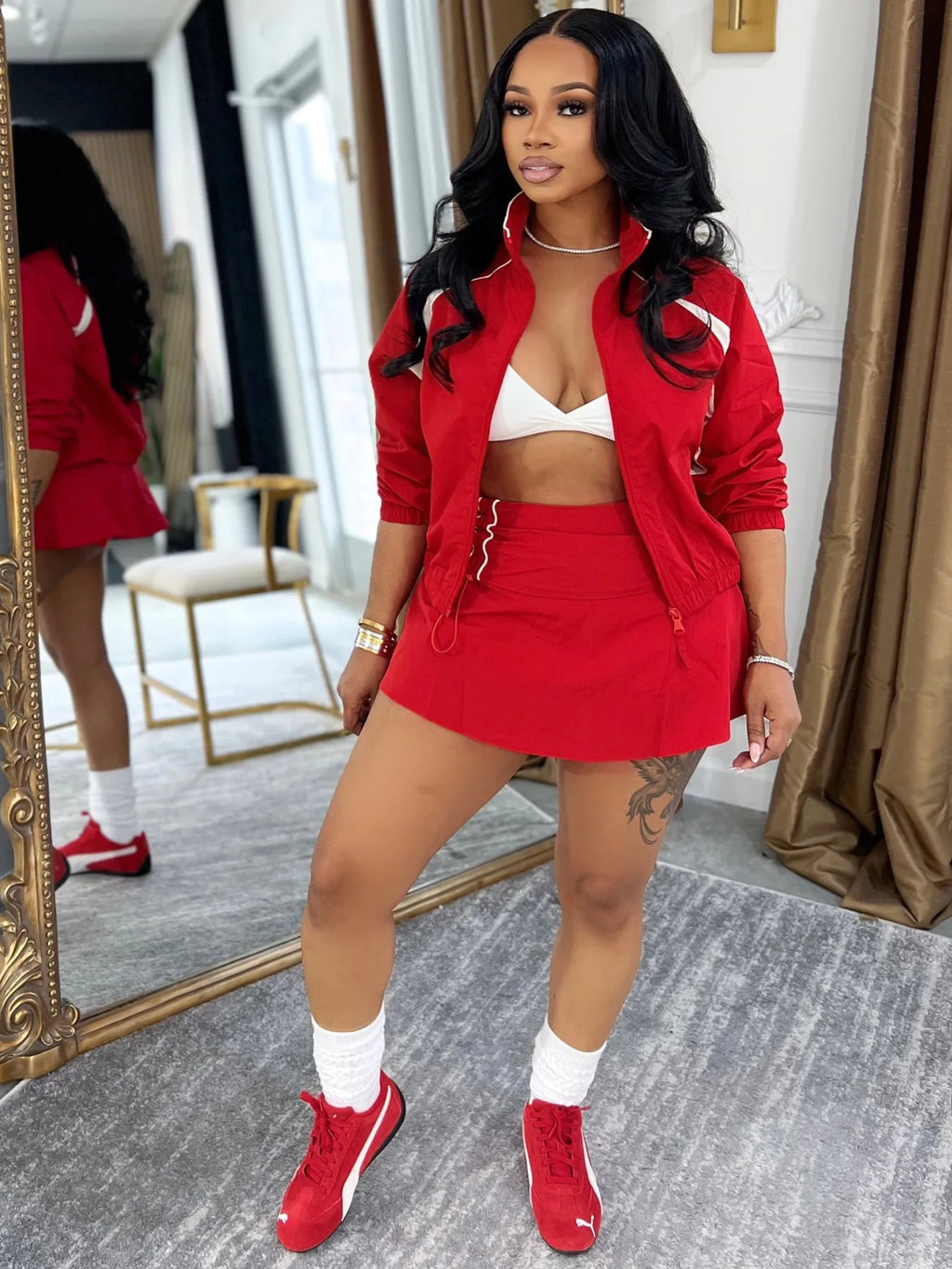 FAGADOER Casual Color Block 2 Piece Sets Woman Outfit Drawstring Ruched Patchwork Crop Top and Skirt Matching Female Streetwear